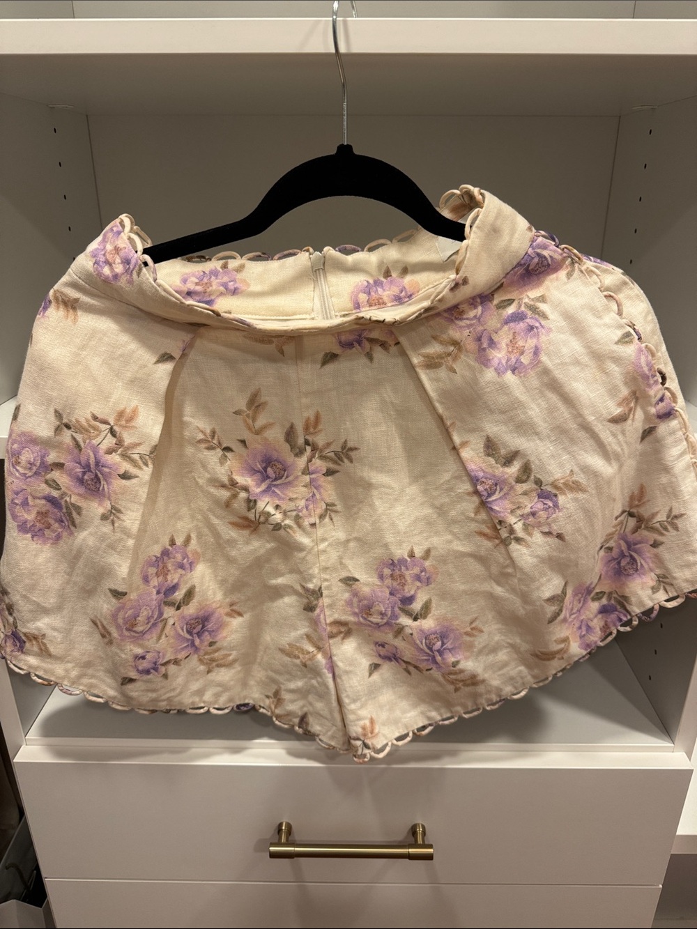 Zimmermann Cream Floral Scalloped Shorts with Lavender Rose Print